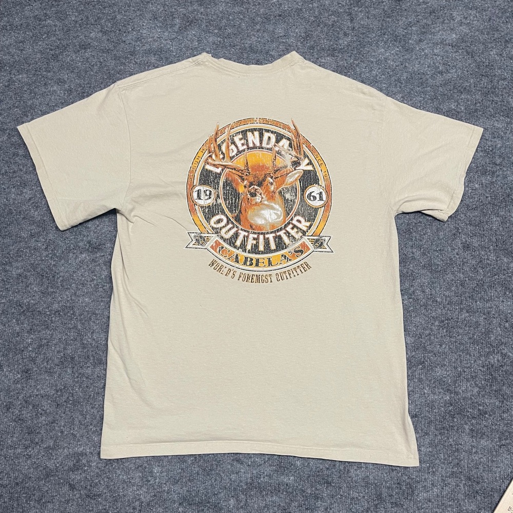 Cabelas Mens T-Shirt XL Tan Legendary Outfitter Deer Graphic Short Sleeve Cotton